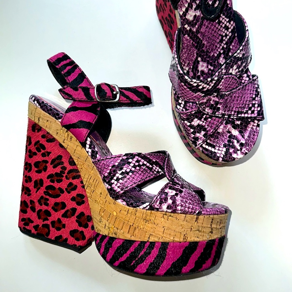 Jeffrey Campbell • Leather Kitsch Colorful Animal Print Cork Wedges
